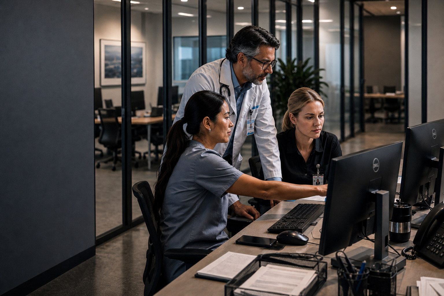 Clinicians reviewing an operations dashboard in a healthcare office.