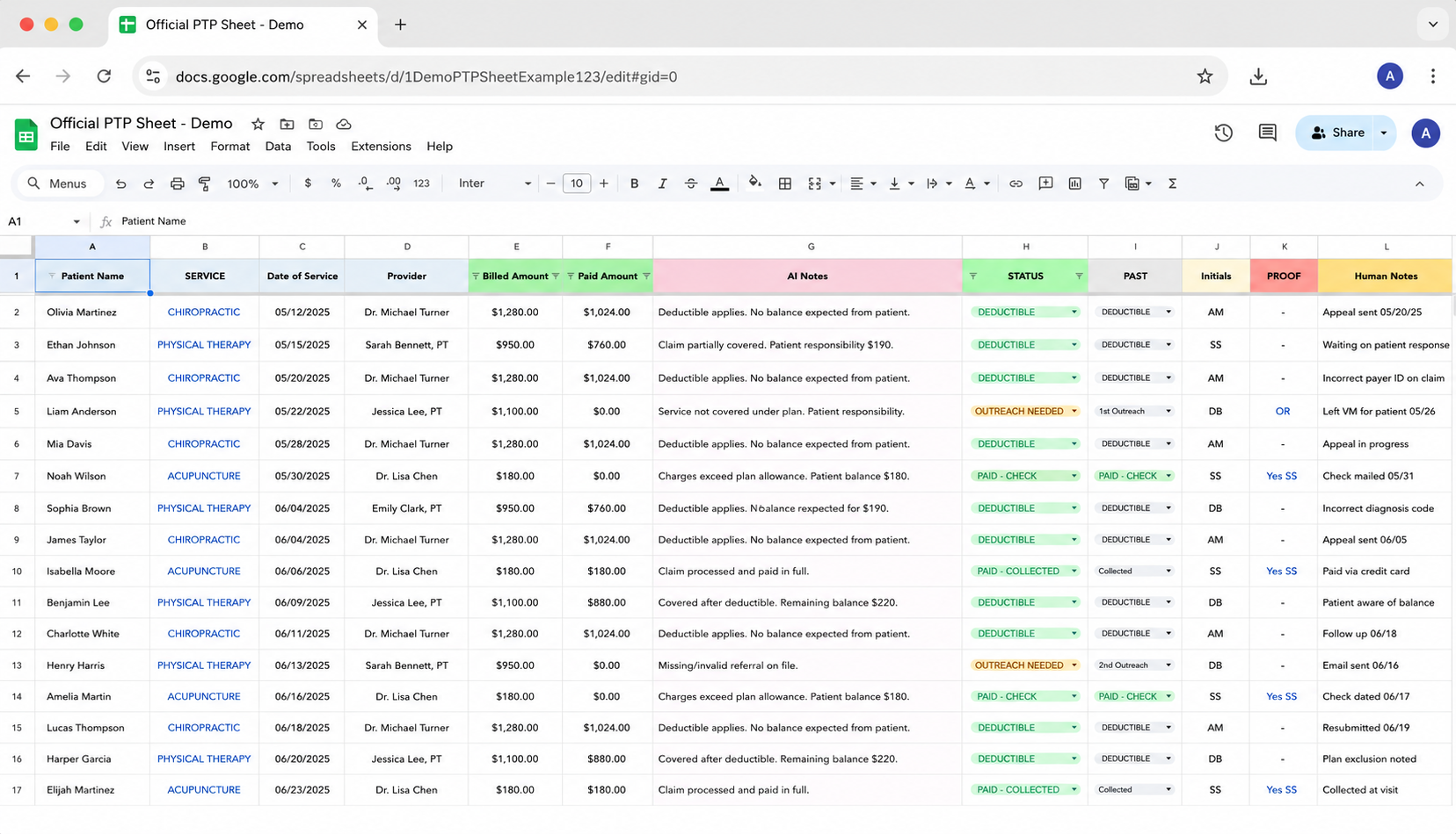 Spreadsheet-based patient workflow example showing claims, status, and notes organized in a single sheet.
