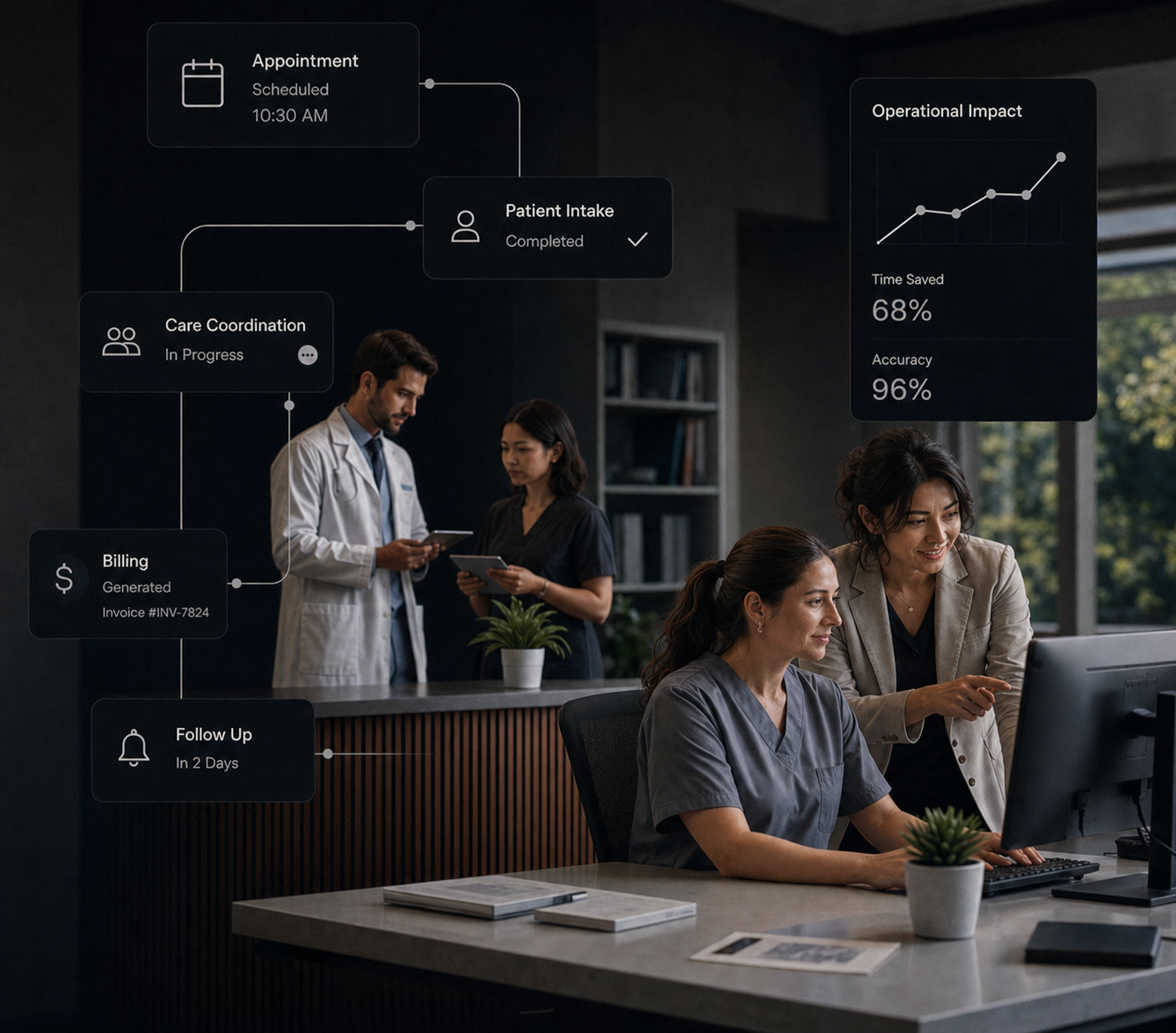 Workflow automation UI over a clinical operations setting.
