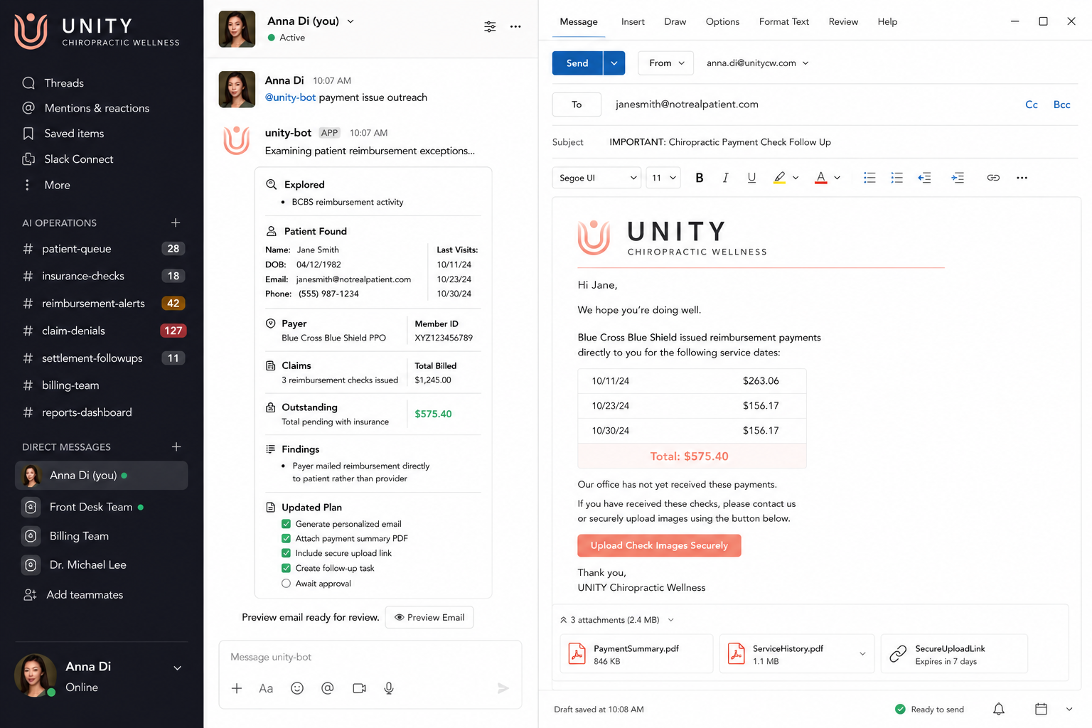 Slack and email workflow example showing how tasks and follow-ups are routed.